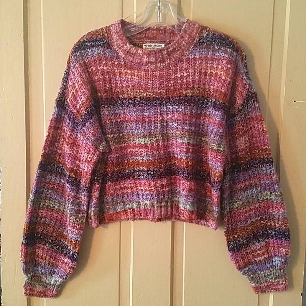 Retro "Rainbow" Boho Crocheted Bubble Sleeved Crew Pullover Cozy Cropped Sweater